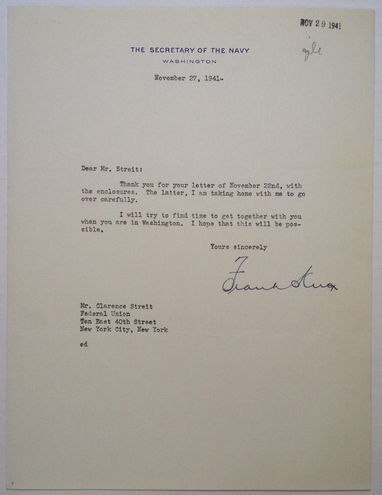Item #228967 Typed Letter Signed eight days before Pearl Harbor. Frank KNOX, 1874 - 1944.
