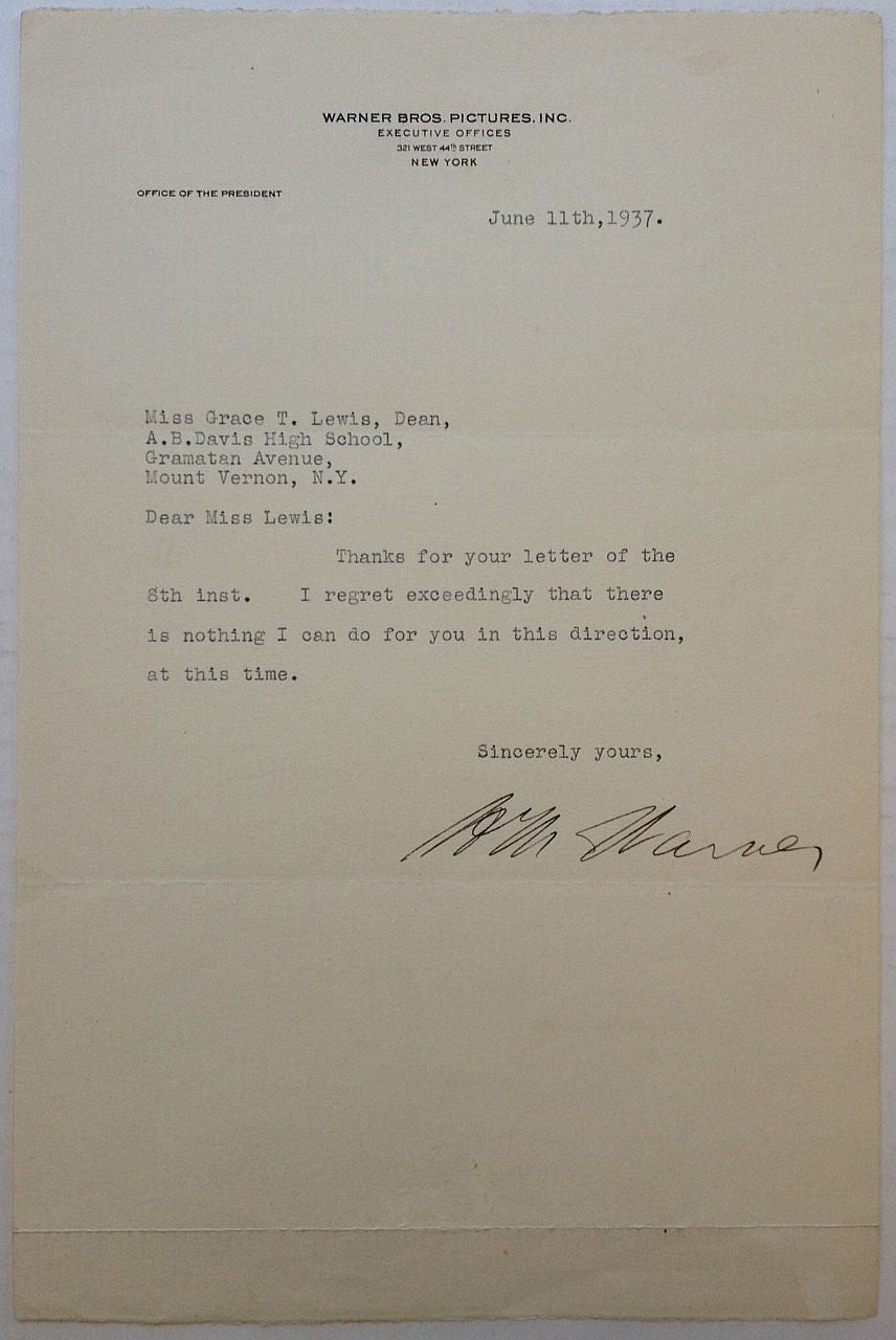 Typed Letter Signed on Warner Bros. Pictures letterhead