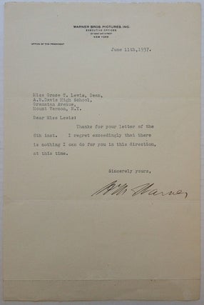 Item #229412 Typed Letter Signed on "Warner Bros. Pictures" letterhead. Albert WARNER, 1884 - 1967