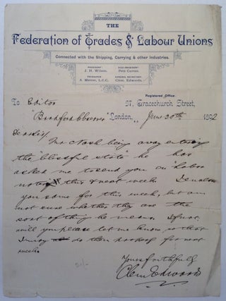 Item #229495 Autographed Letter Signed to the Editor of the "Bradford Observer" Clement EDWARDS