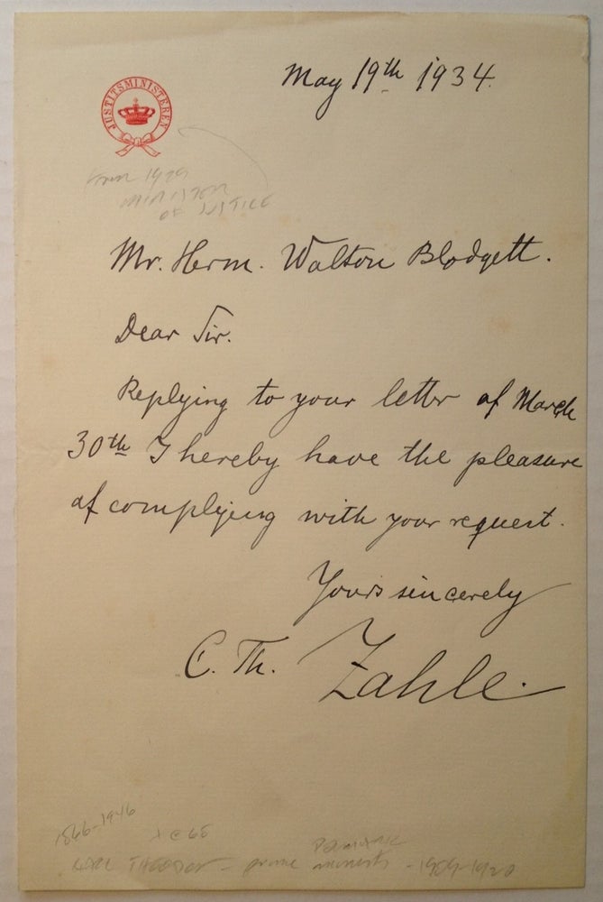 Item #229506 Autographed Letter Signed to an admirer. Carl Theodore ZAHLE, 1866 - 1946.