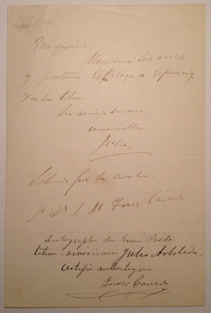 Item #230247 Rare Autographed Letter Signed "Julio" in Spanish. Julio ARBOLEDA, 1817 - 1862.