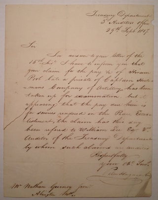 Item #230901 Autographed Letter Signed about a deceased soldier's back pay. WAR OF 1812