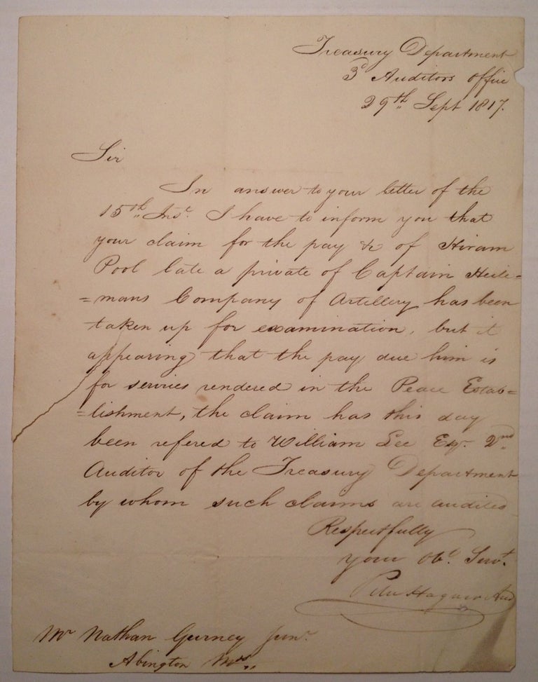 Item #230901 Autographed Letter Signed about a deceased soldier's back pay. WAR OF 1812.