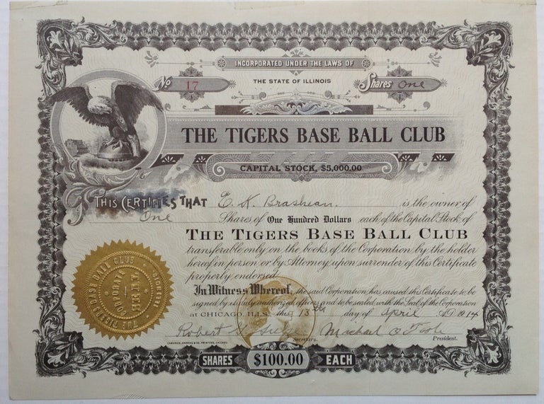 Item #231178 Rare Signed Stock Certificate. DETROIT TIGERS.