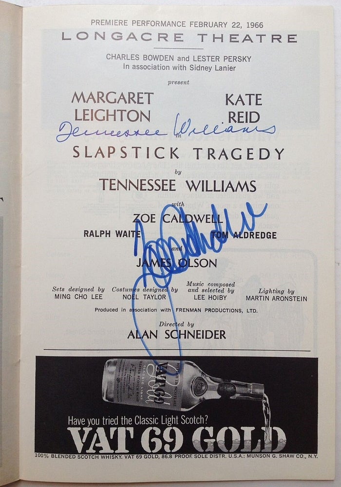 Item #231348 Signed Playbill -- "Slapstick Tragedy" Tennessee WILLIAMS, 1911 - 1983.