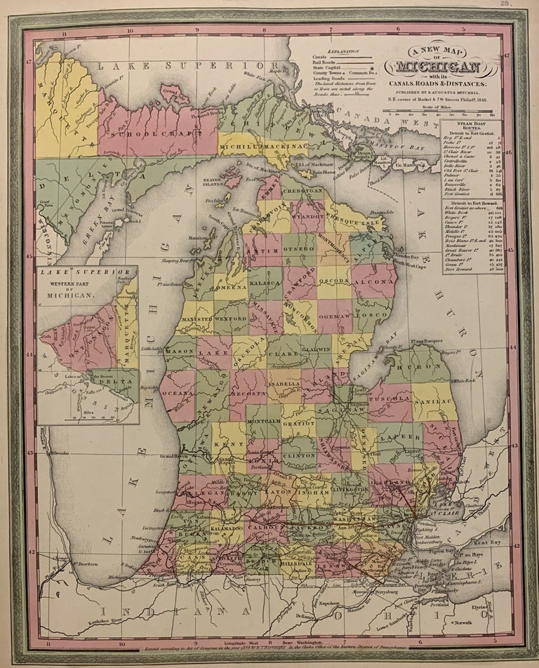 Item #232287 A New Map of Michigan with its Canals, Roads & Distances. Samuel Augustus Sr MITCHELL.