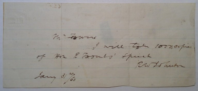 Item #238211 Autographed Note Signed. Robert Ward JOHNSON, 1814 - 1879.