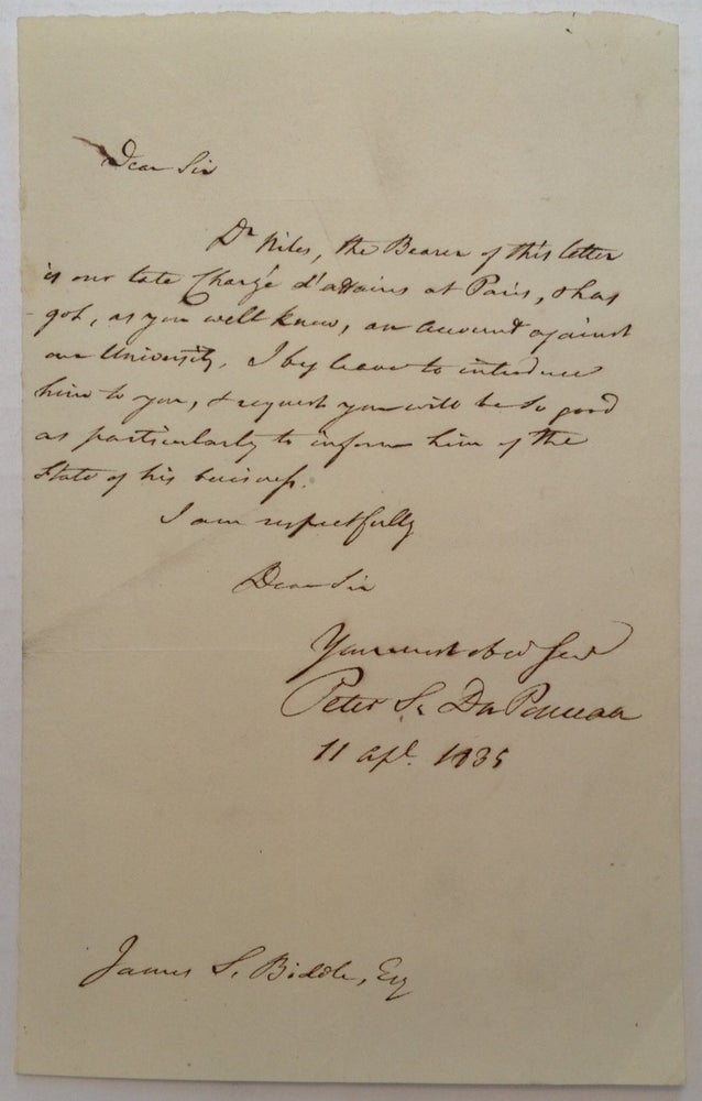 Item #243076 Autographed Letter Signed. Peter Stephen DU PONCEAU, 1760 - 1844.