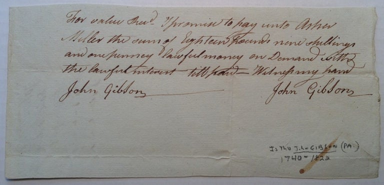 Item #243077 Autographed Document Signed. JOHN GIBSON, 1740 - 1822.