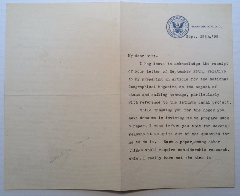 Item #244931 Typer Letter Signed on "Department of the Navy" letterhead. Arent Schyler CROWINSHIELD, 1843 - 1908.