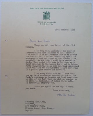Item #245525 Typed Letter Signed on "House of Commons" letterhead. Harold WILSON, 1916 - 1995