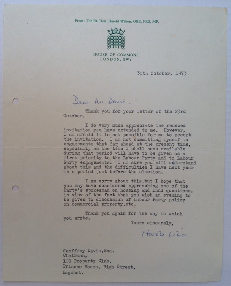 Item #245525 Typed Letter Signed on "House of Commons" letterhead. Harold WILSON, 1916 - 1995.