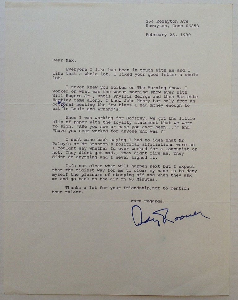 Item #245764 Typed Letter Signed. Andy ROONEY, 1919 - 2011.