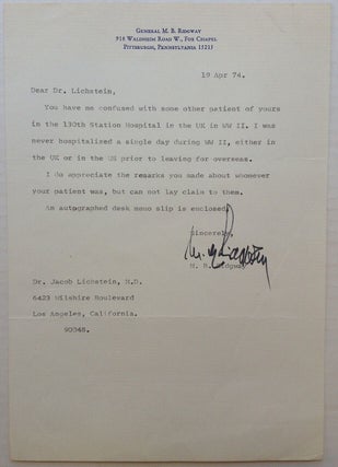 Item #245847 Typed Letter Signed "M.B. Ridgway" on personal letterhead. Mathew B. RIDGWAY