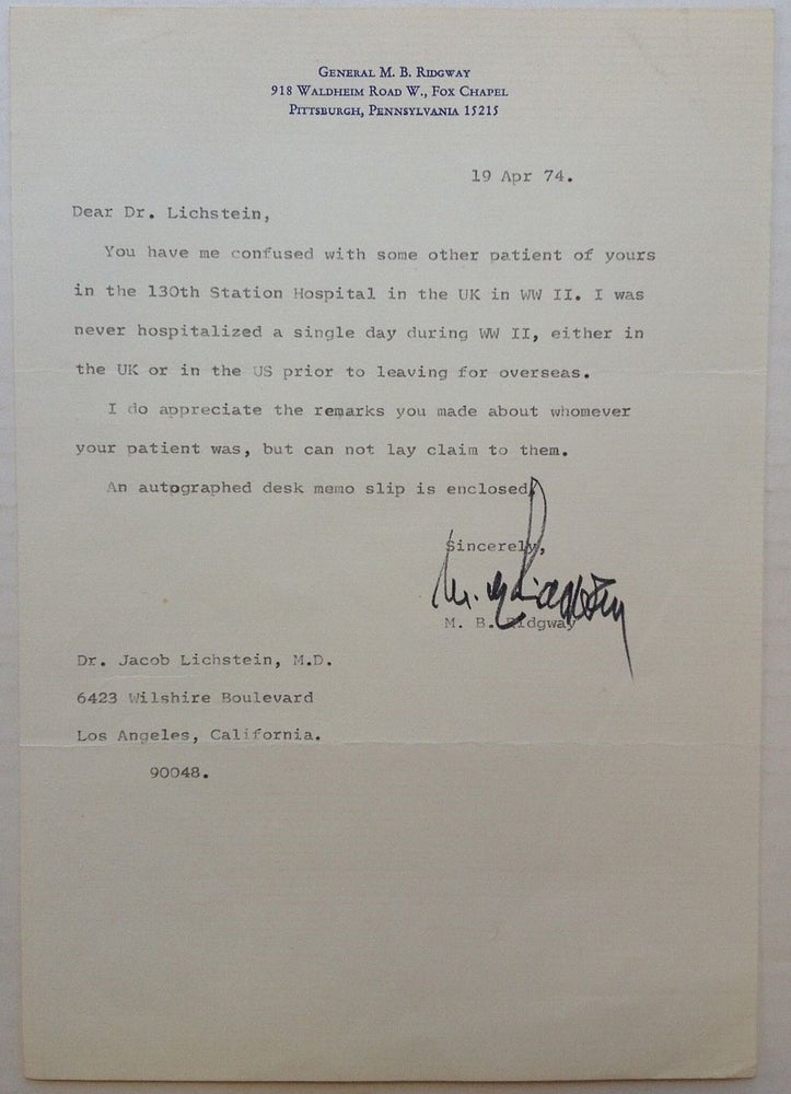 Item #245847 Typed Letter Signed "M.B. Ridgway" on personal letterhead. Mathew B. RIDGWAY, 1895 - 1993.