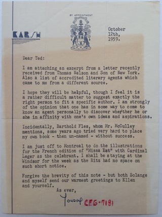 Item #245884 Typed Letter Signed "Yousuf" on personal letterhead. Yousuf KARSH