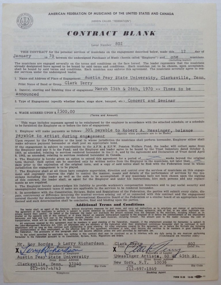 Item #245972 Signed Contract on "American Federation of Musicians" letterhead. Clark TERRY, 1920 -.