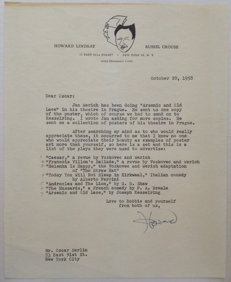 Item #245990 Typed Letter Signed "Howard" to a Broadway producer. Howard LINDSAY, 1889 - 1968.