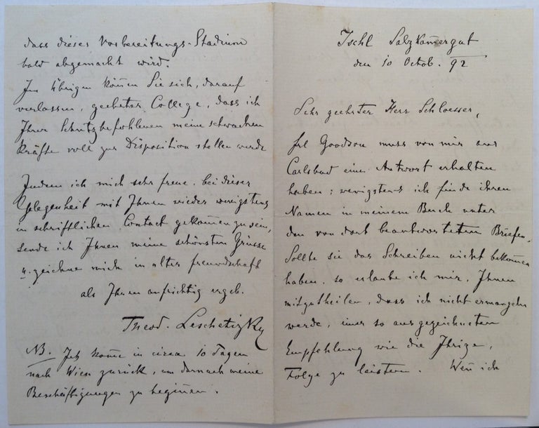 Item #245993 Lengthy Autographed Letter Signed in German. Theodor LESCHETIZKY, 1830 -1915.