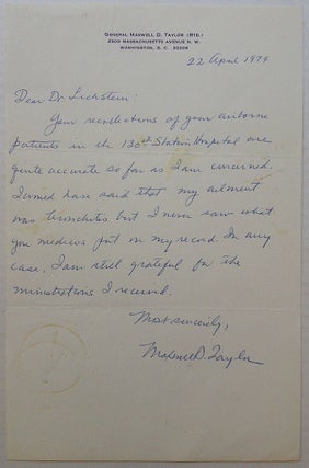 Item #246009 Autographed Letter Signed on personal letterhead. Maxwell D. TAYLOR, 1901 - 1987