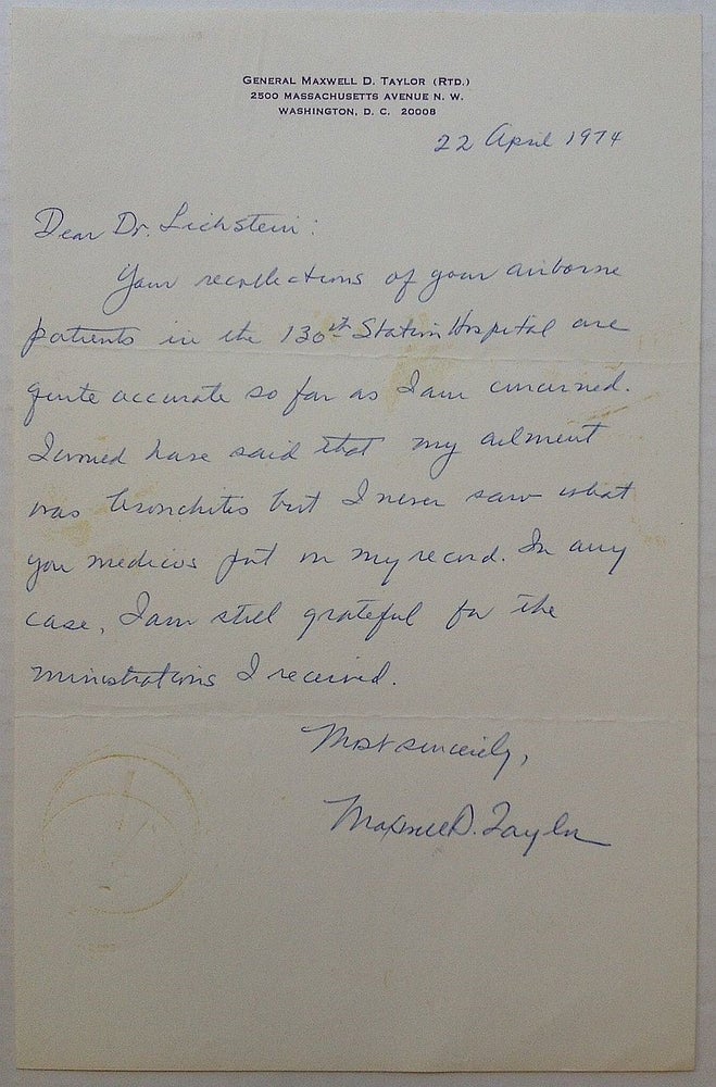 Item #246009 Autographed Letter Signed on personal letterhead. Maxwell D. TAYLOR, 1901 - 1987.