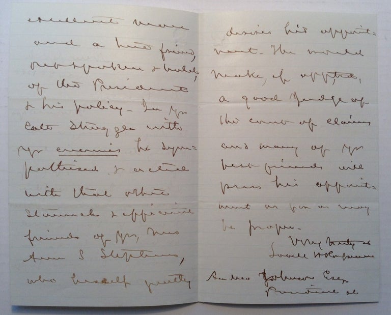 Item #246906 Autographed Letter Signed. Lovell ROUSSEAU, 1818 - 1869.