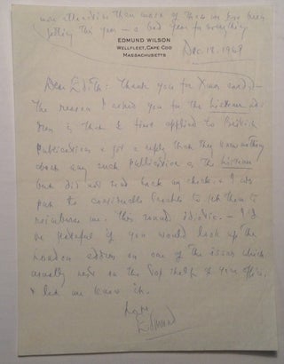 Item #247138 Autographed Letter Signed to drama critic Edith Oliver. Edmund WILSON, 1895 - 1972