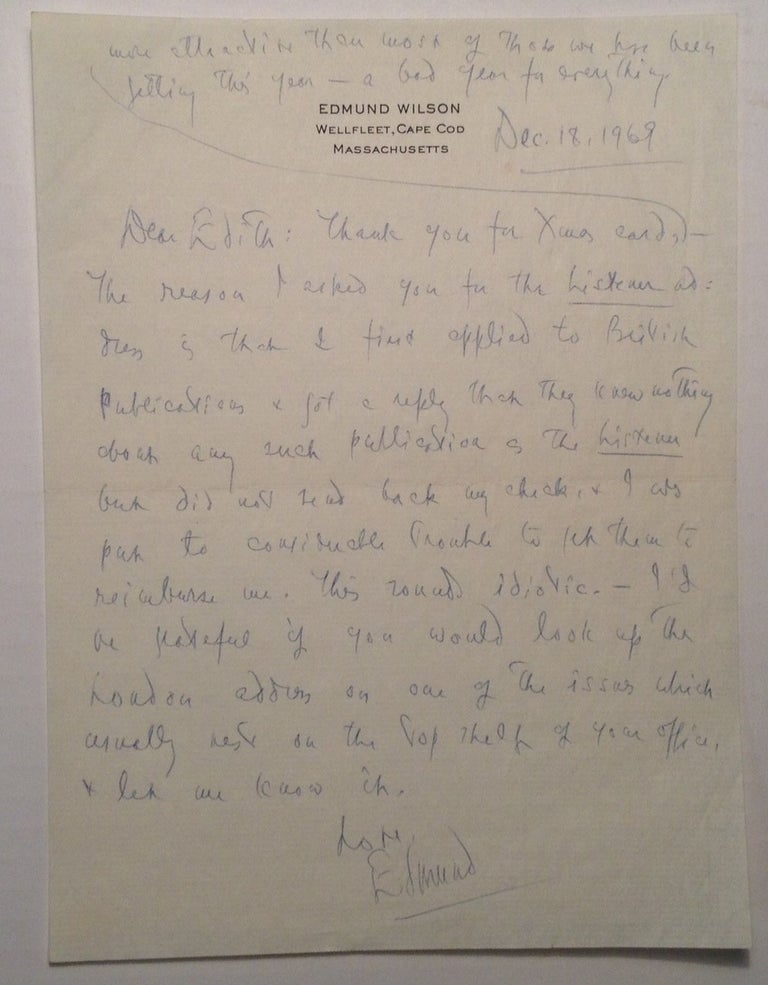 Item #247138 Autographed Letter Signed to drama critic Edith Oliver. Edmund WILSON, 1895 - 1972.