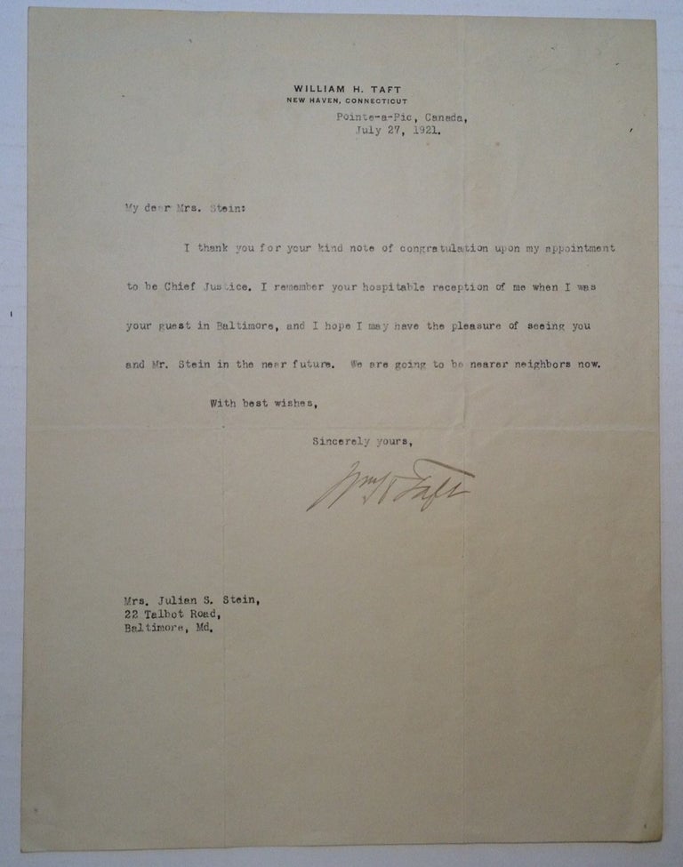 Item #247176 Typed Letter Signed on Personal Stationery. William Howard TAFT, 1857 - 1930.