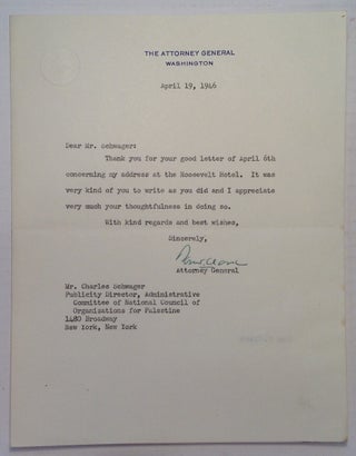 Item #247279 Typed Letter Signed on "Attorney General" stationery. Tom CLARK