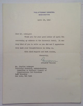 Item #247279 Typed Letter Signed on "Attorney General" stationery. Tom CLARK, 1899 - 1977