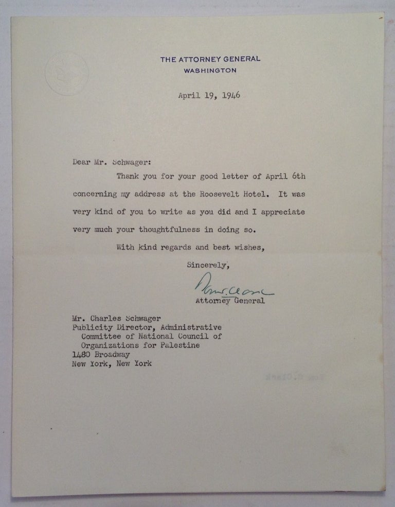 Item #247279 Typed Letter Signed on "Attorney General" stationery. Tom CLARK, 1899 - 1977.