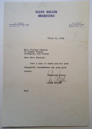 Item #247286 Typed Letter Signed on "Glenn Miller Orchestra" letterhead. Glenn MILLER, 1904 - 1944