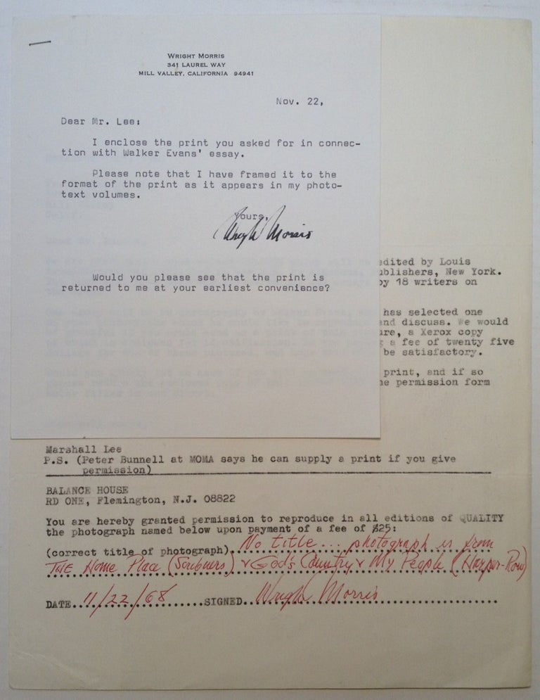 Item #248110 Document Signed and Typed Note Signed. Wright MORRIS, 1910 - 1998.