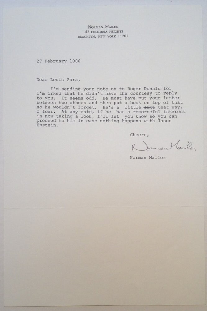 Item #248164 Typed Letter Signed on personal stationery. Norman MAILER, 1923 - 2007.
