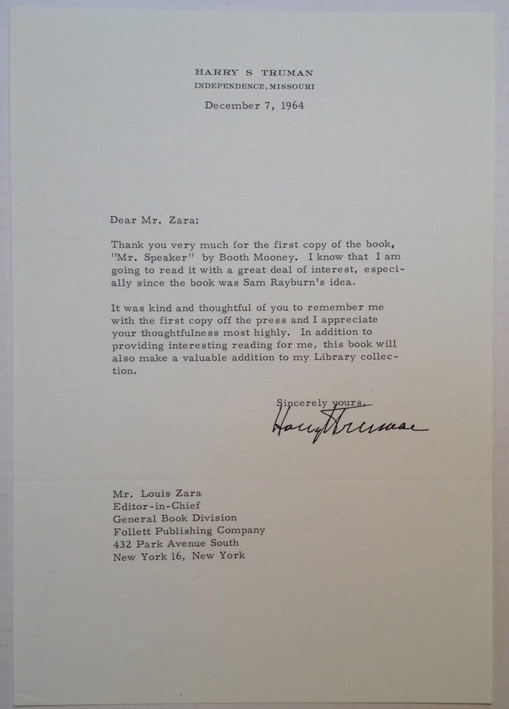 Item #248269 Typer Letter Signed on Personal Stationery. Harry S. TRUMAN, 1884 - 1972.