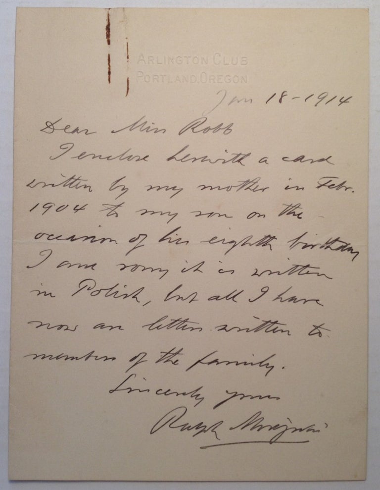 Item #248294 Autographed Letter Signed. Ralph MODJESKI, Rudolf Modrzejewski, 1861 - 1940.