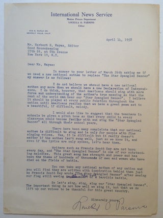 Item #249254 Patriotic Typed Letter Signed to editor Herbert Mayes. Louella PARSONS