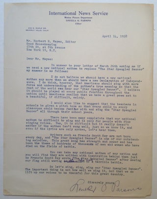 Item #249254 Patriotic Typed Letter Signed to editor Herbert Mayes. Louella PARSONS, 1881 - 1972