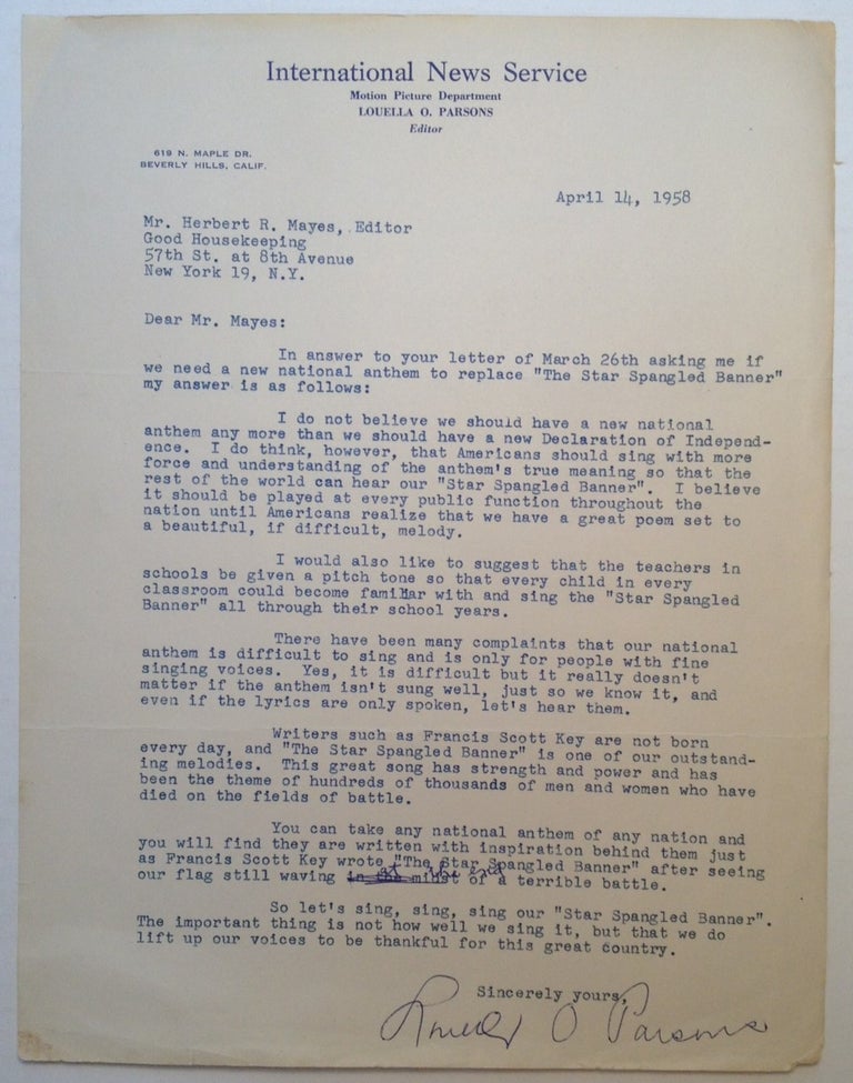 Item #249254 Patriotic Typed Letter Signed to editor Herbert Mayes. Louella PARSONS, 1881 - 1972.