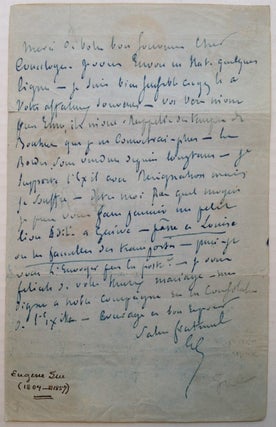 Item #249428 Autographed Letter in French. Eugene SUE, 1804 - 1857