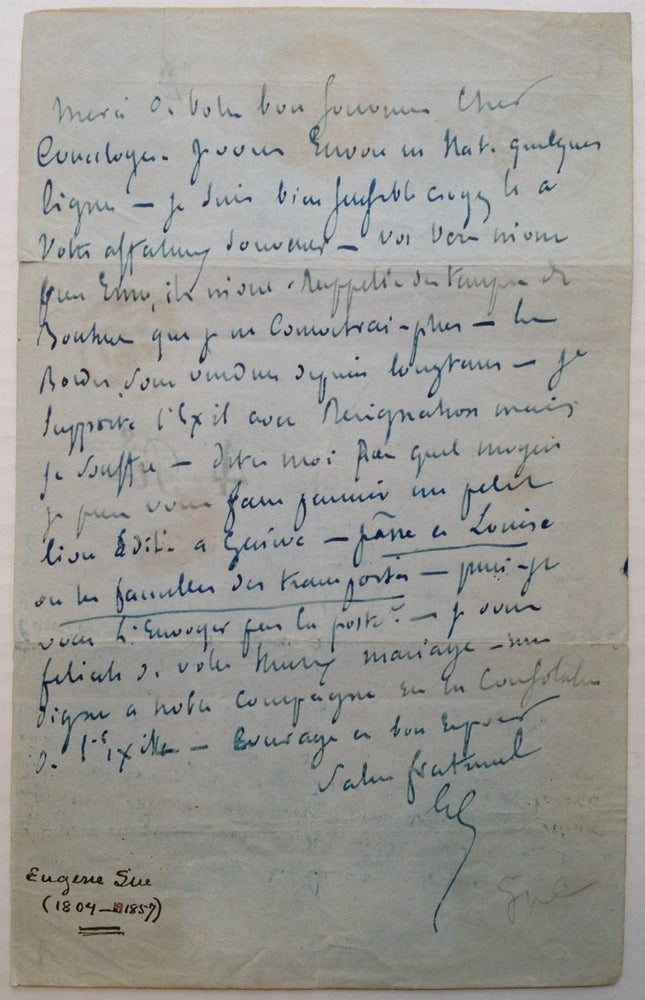 Item #249428 Autographed Letter in French. Eugene SUE, 1804 - 1857.