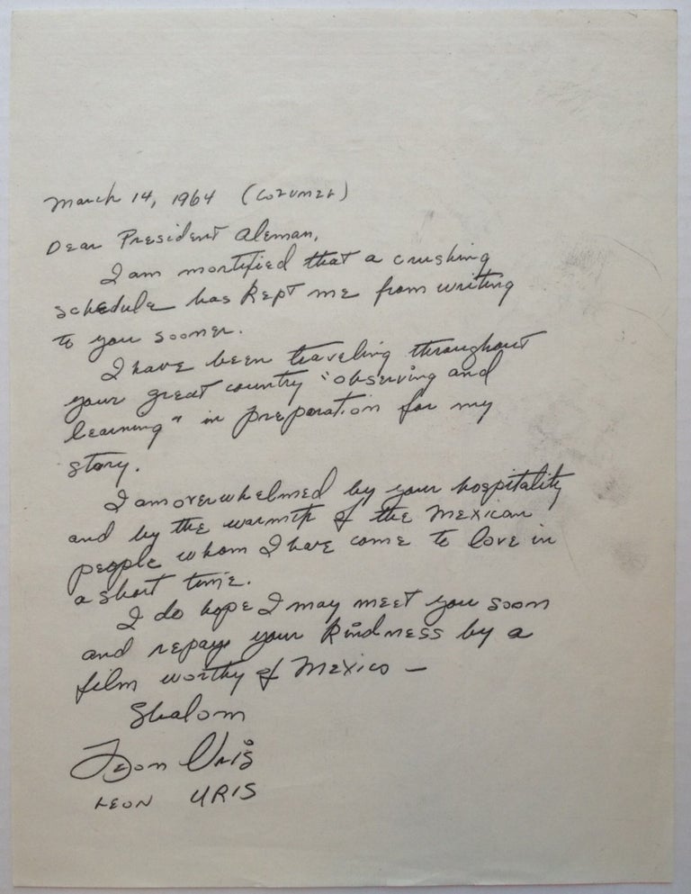 Item #249837 Autographed Letter Signed to the President of Mexico. Leon URIS, 1924 - 1903.