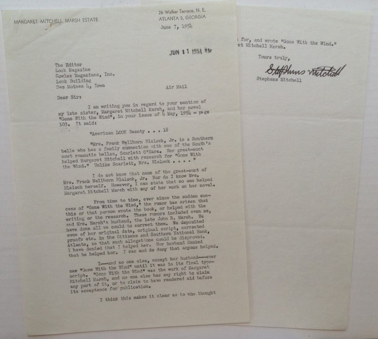 Item #249841 Typed Letter Signed by Margaret Mitchell's brother Stephens. Margaret MITCHELL.