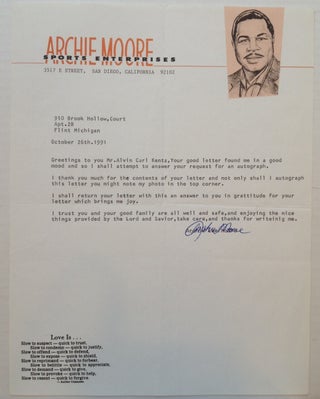 Item #249843 Typed Letter Signed on decorative business letterhead. Archie MOORE