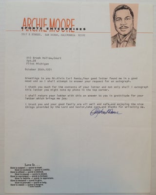 Item #249843 Typed Letter Signed on decorative business letterhead. Archie MOORE, 1916 - 1998