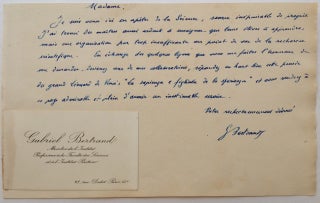 Item #250169 Autographed Letter Signed in French with a rare Calling Card. Gabriel BERTRAND, 1867...