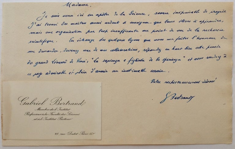 Item #250169 Autographed Letter Signed in French with a rare Calling Card. Gabriel BERTRAND, 1867 - 1962.