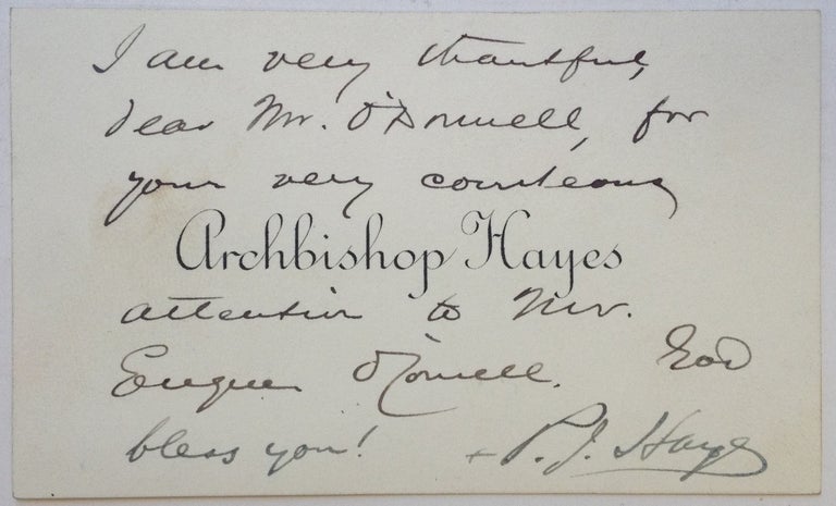 Item #250293 Autographed Note Signed on a personal calling card. Joseph Patrick HAYES, Cardinal Hayes, 1867 - 1938.